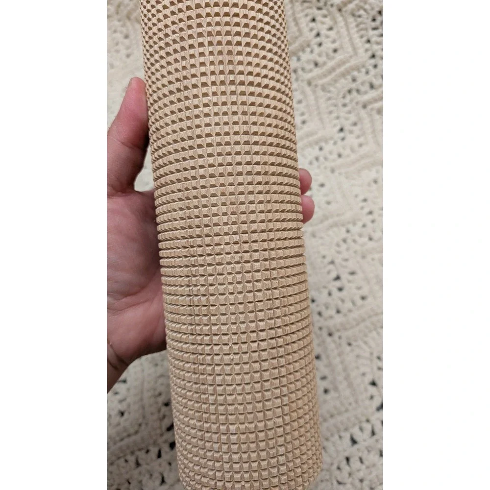 Vintage Wooden Lefse Rolling Pin Red Handles Waffle Pattern Textured Pastry Tool